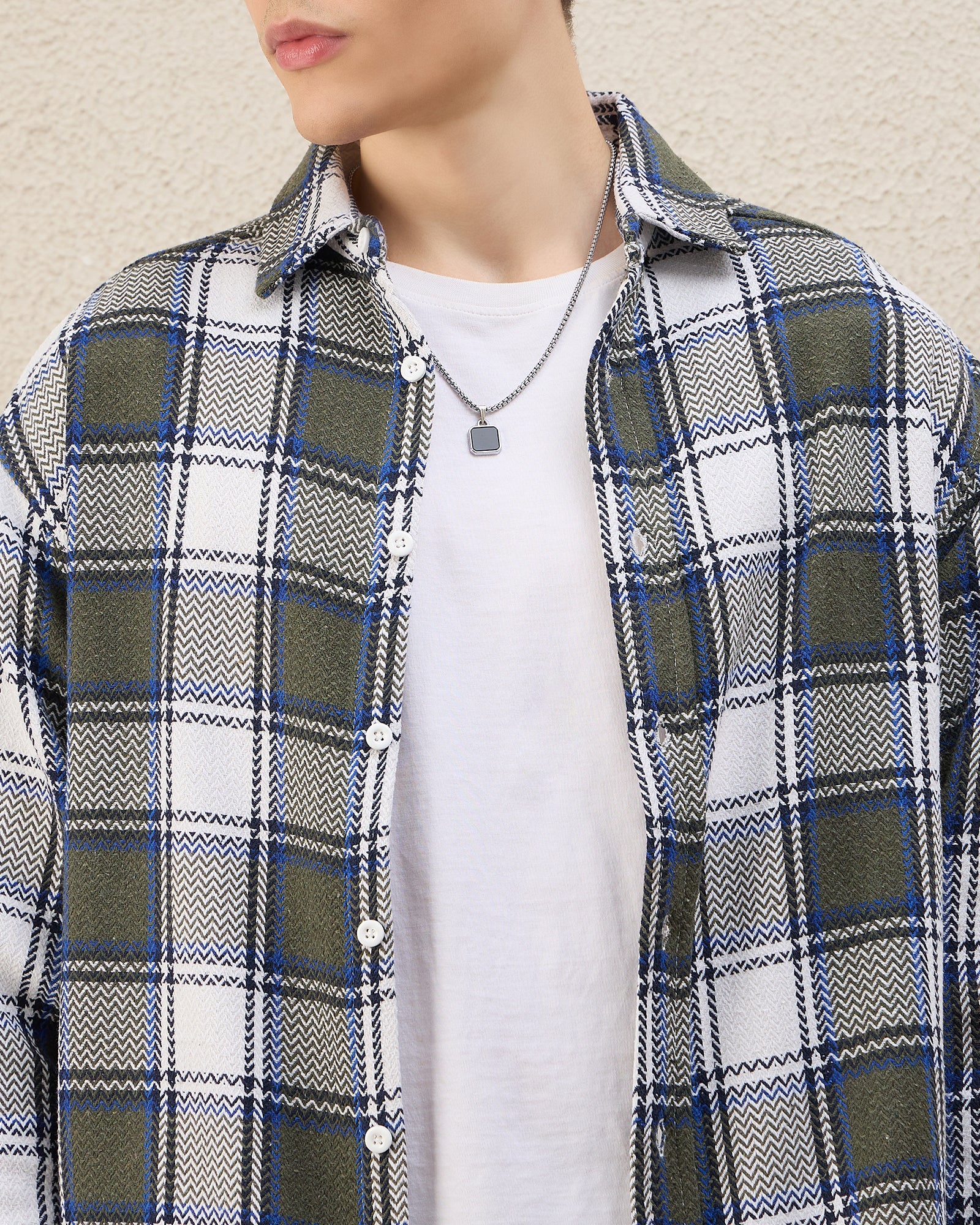 Chimpaaanzee Men Green & White Oversized Fit Shirt - CHIMPAAANZEE