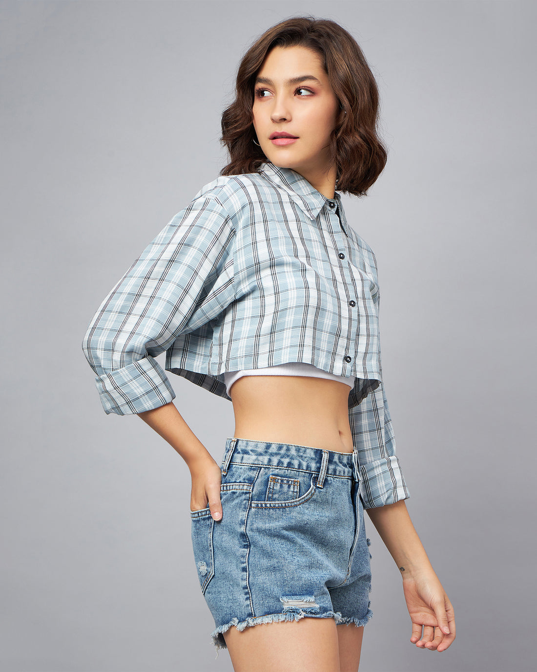 Chimpaaanzee Women Grey & Blue Oversized Crop Shirt