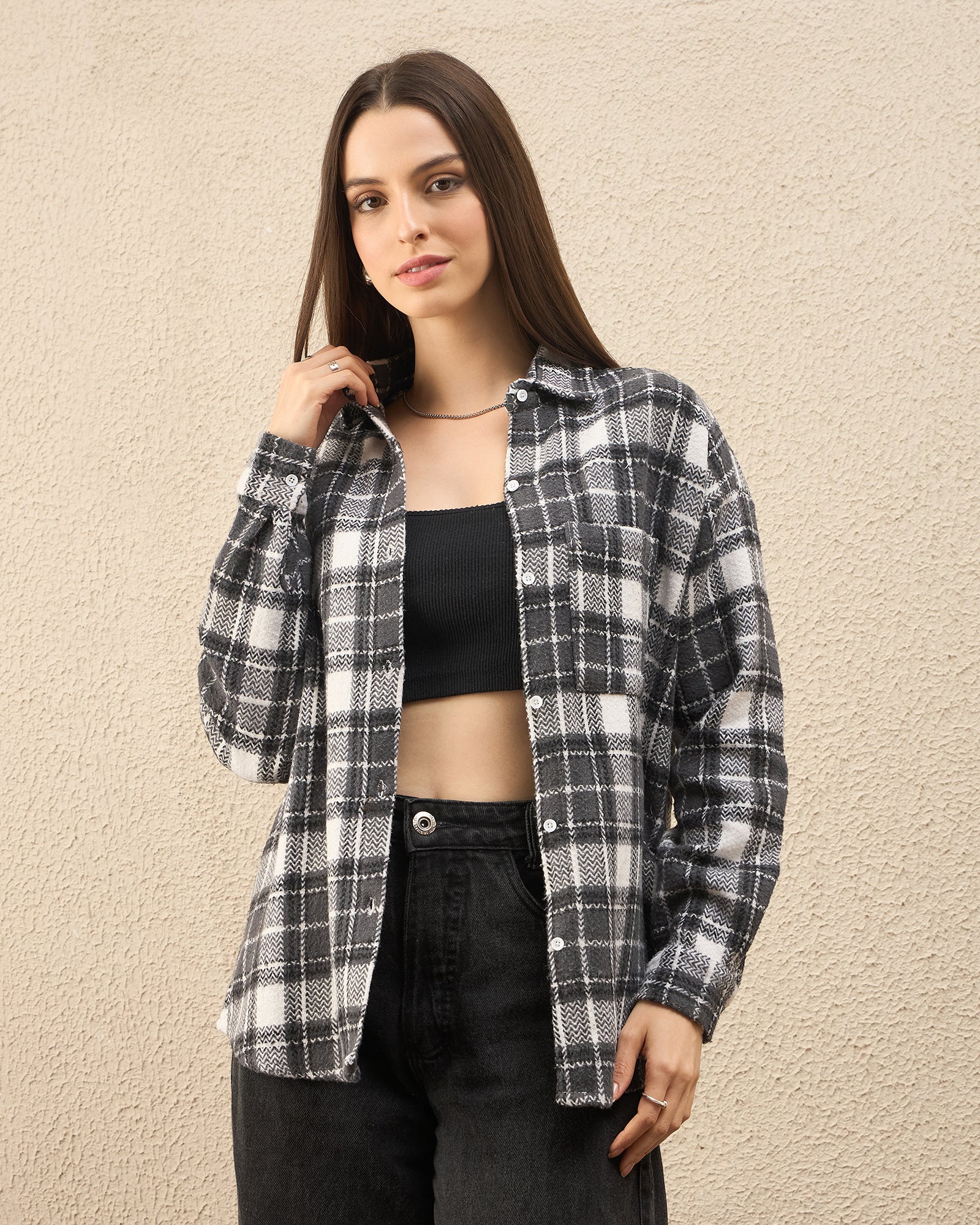 Chimpaaanzee Women Grey & White Oversized Shirt - CHIMPAAANZEE