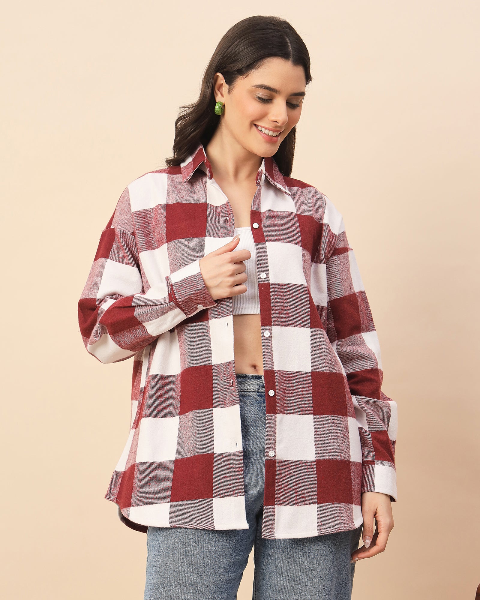 Chimpaaanzee Women Maroon & White Oversized Shirt - CHIMPAAANZEE