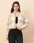 Chimpaaanzee Women Beige & White Oversized Crop Shirt - CHIMPAAANZEE