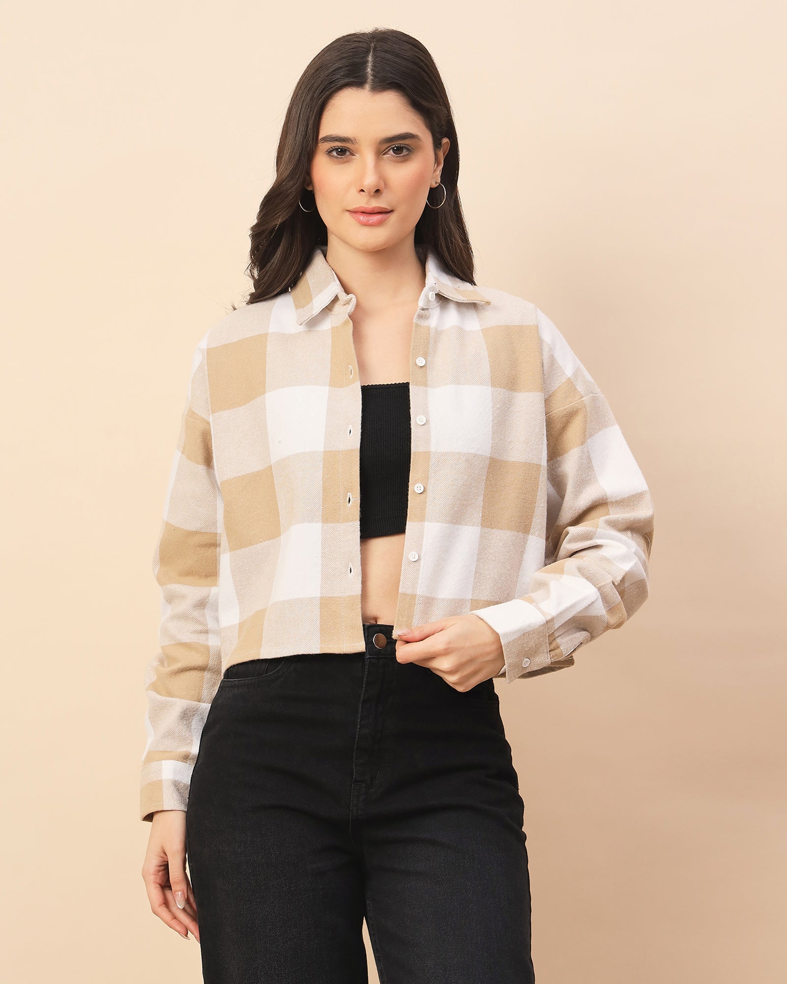 Chimpaaanzee Women Beige & White Oversized Crop Shirt - CHIMPAAANZEE