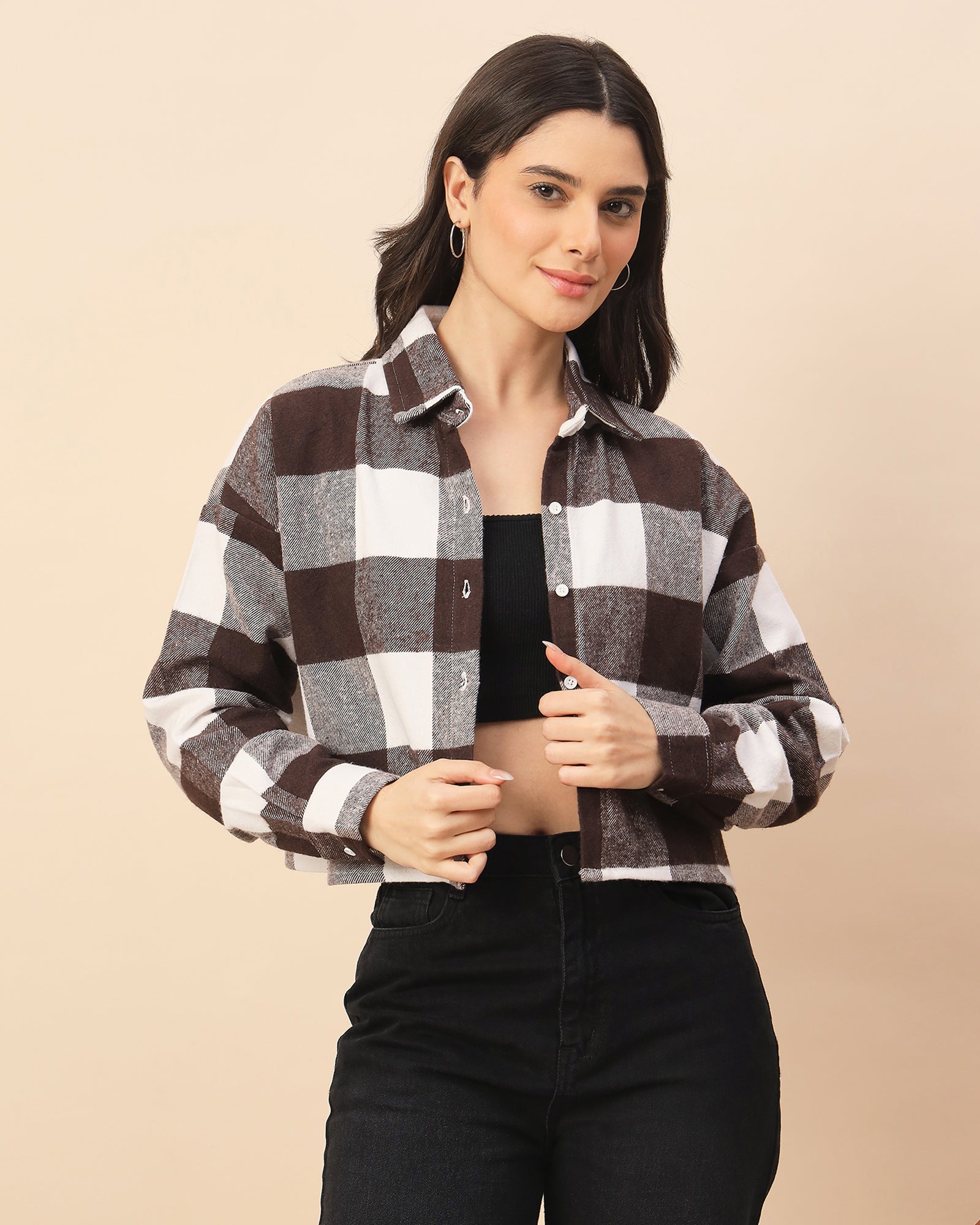 Chimpaaanzee Women Brown & White Oversized Crop Shirt - CHIMPAAANZEE