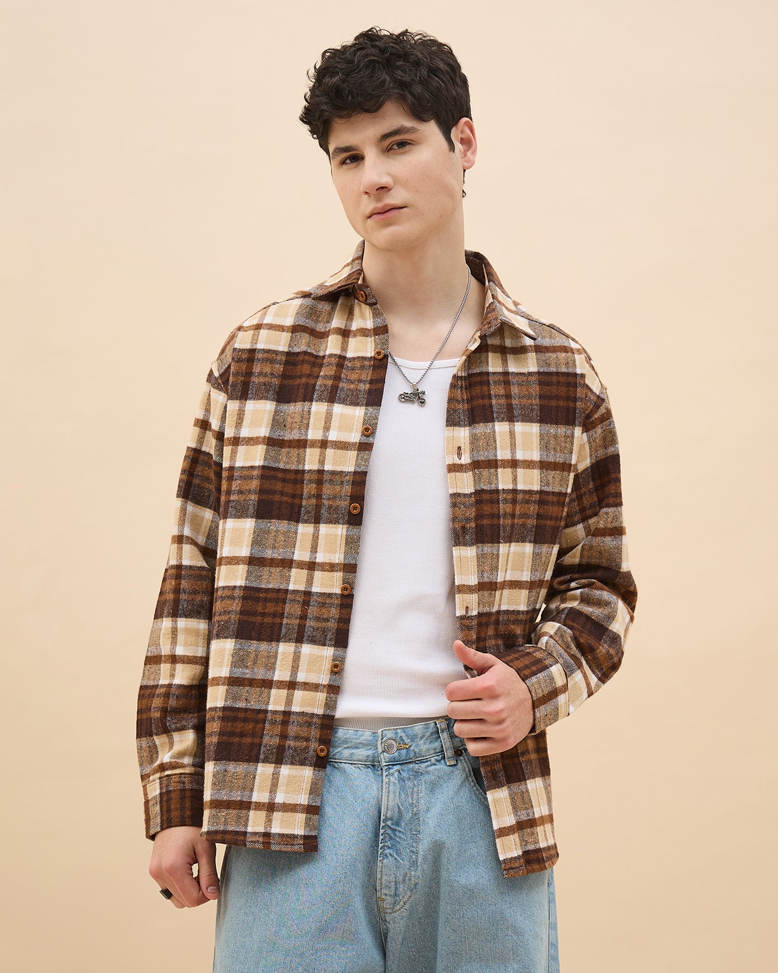 Chimpaaanzee Men Brown & Beige Oversized Fit Shirt - CHIMPAAANZEE