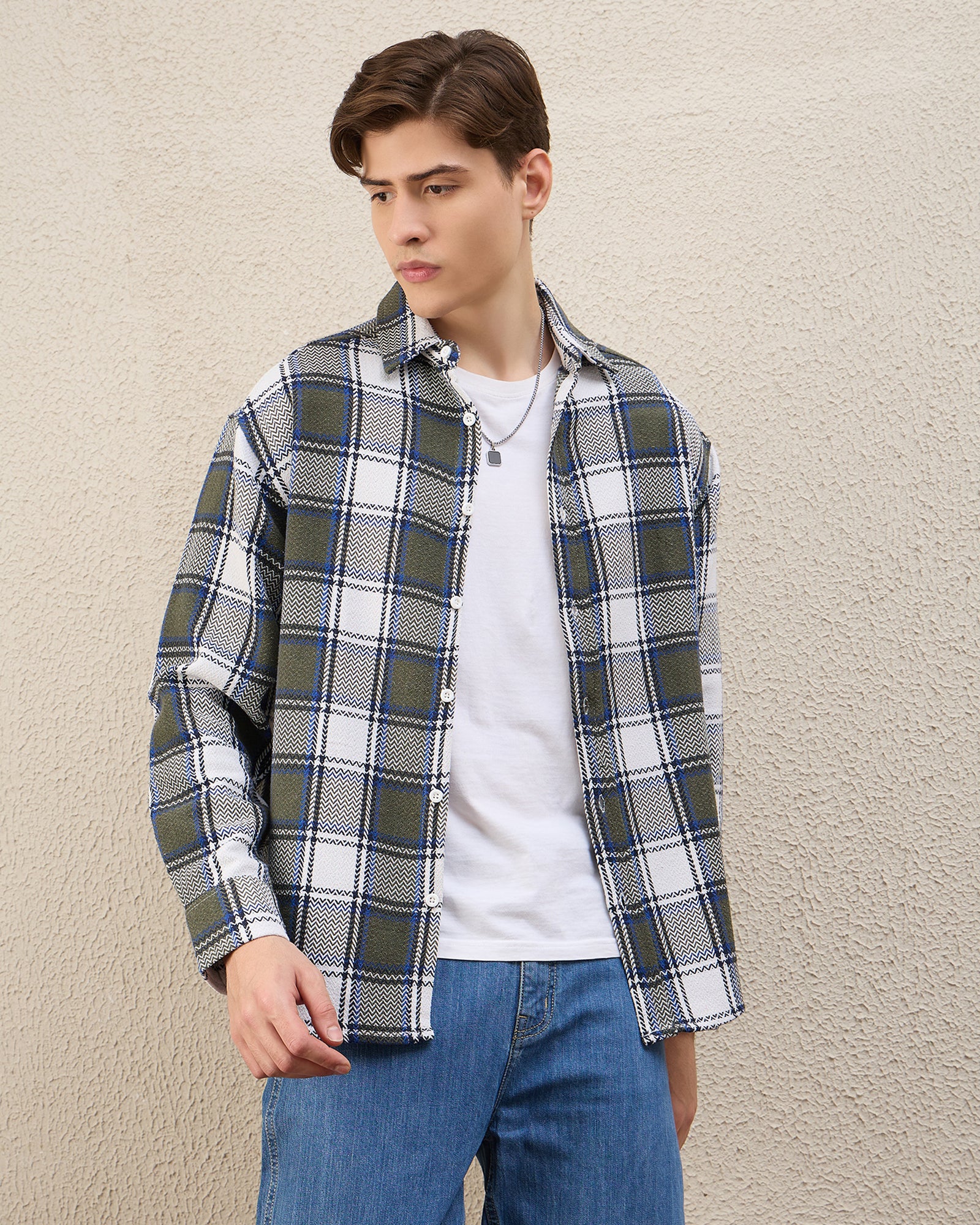 Chimpaaanzee Men Green & White Oversized Fit Shirt - CHIMPAAANZEE