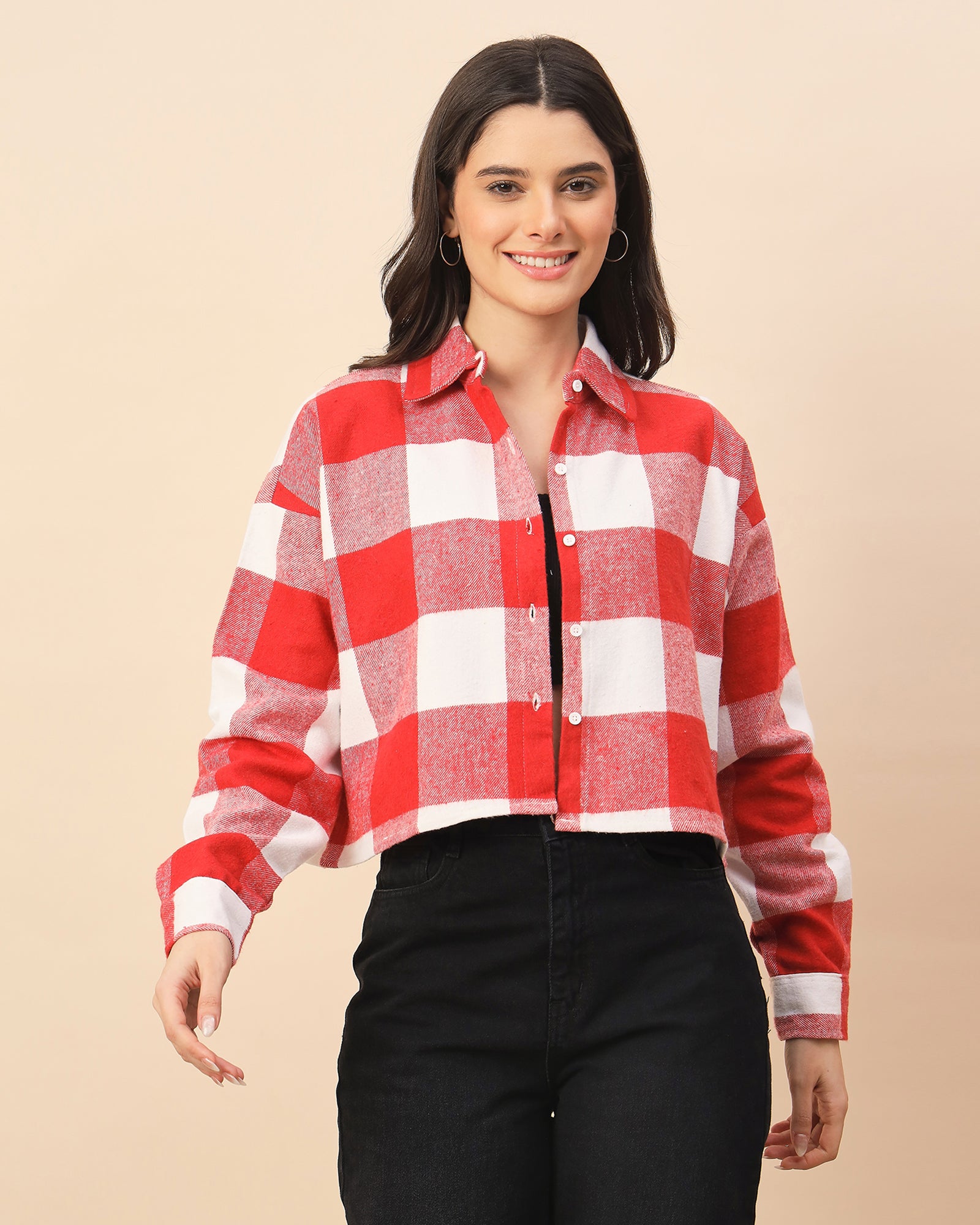 Chimpaaanzee Women Red & White Oversized Crop Shirt - CHIMPAAANZEE