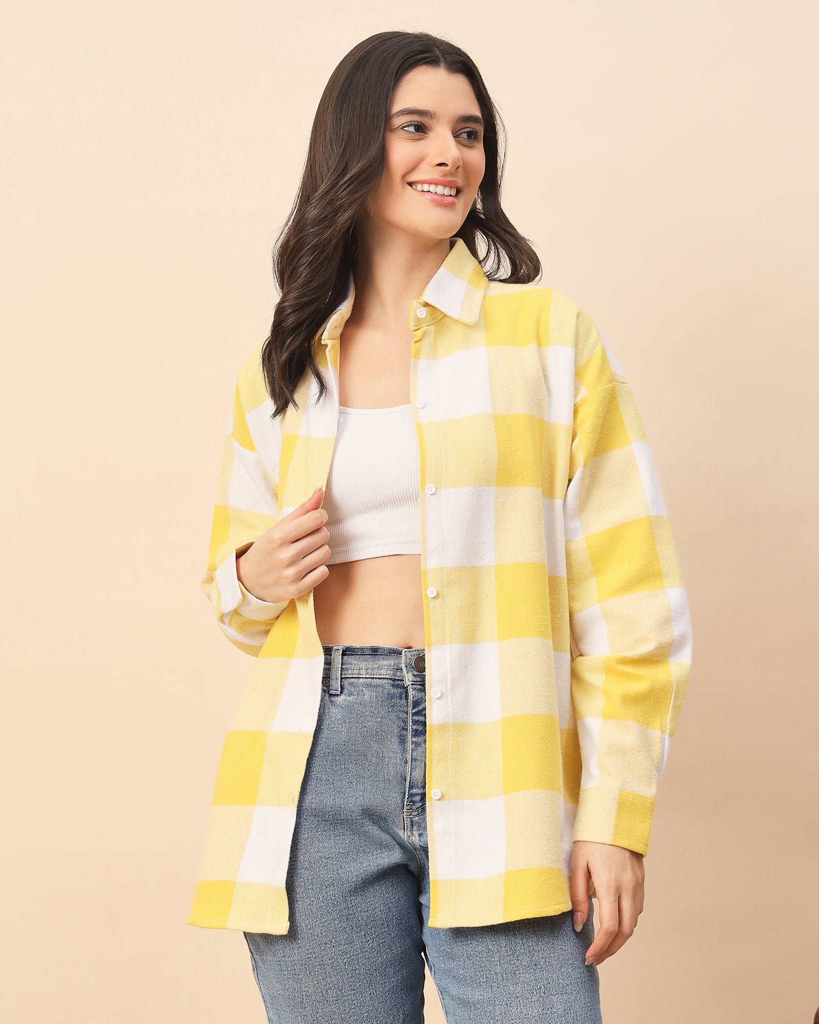 Chimpaaanzee Women Yellow & White Oversized Shirt - CHIMPAAANZEE