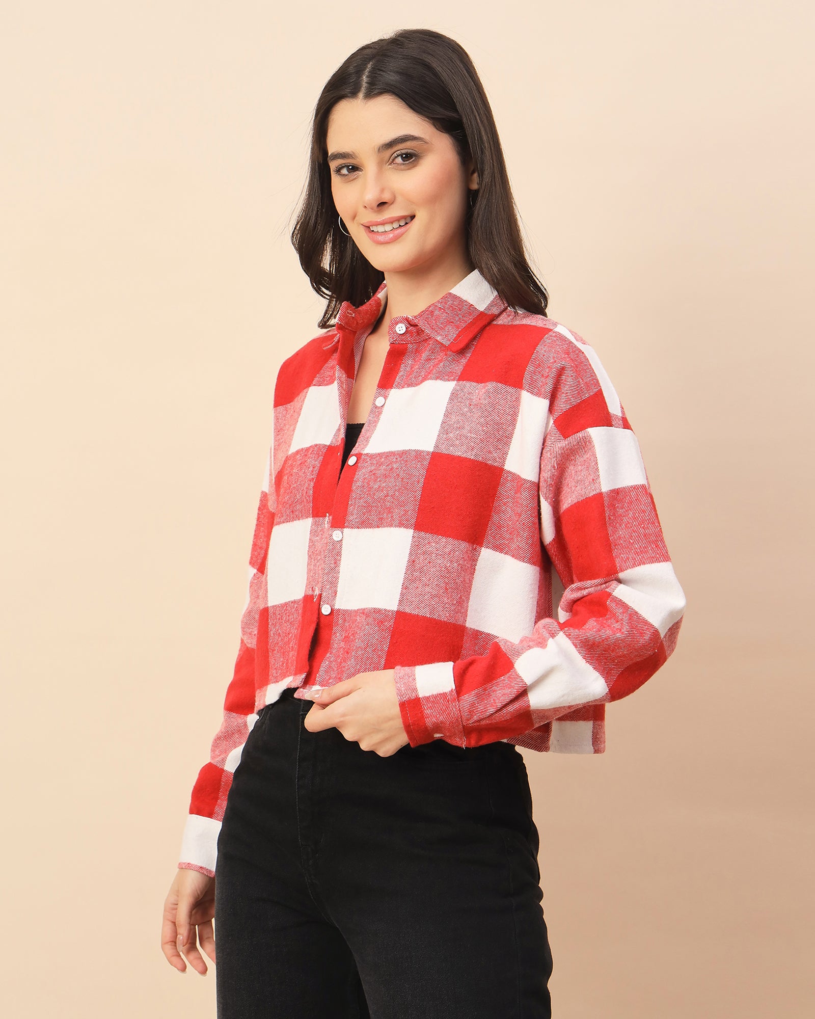 Chimpaaanzee Women Red & White Oversized Crop Shirt - CHIMPAAANZEE