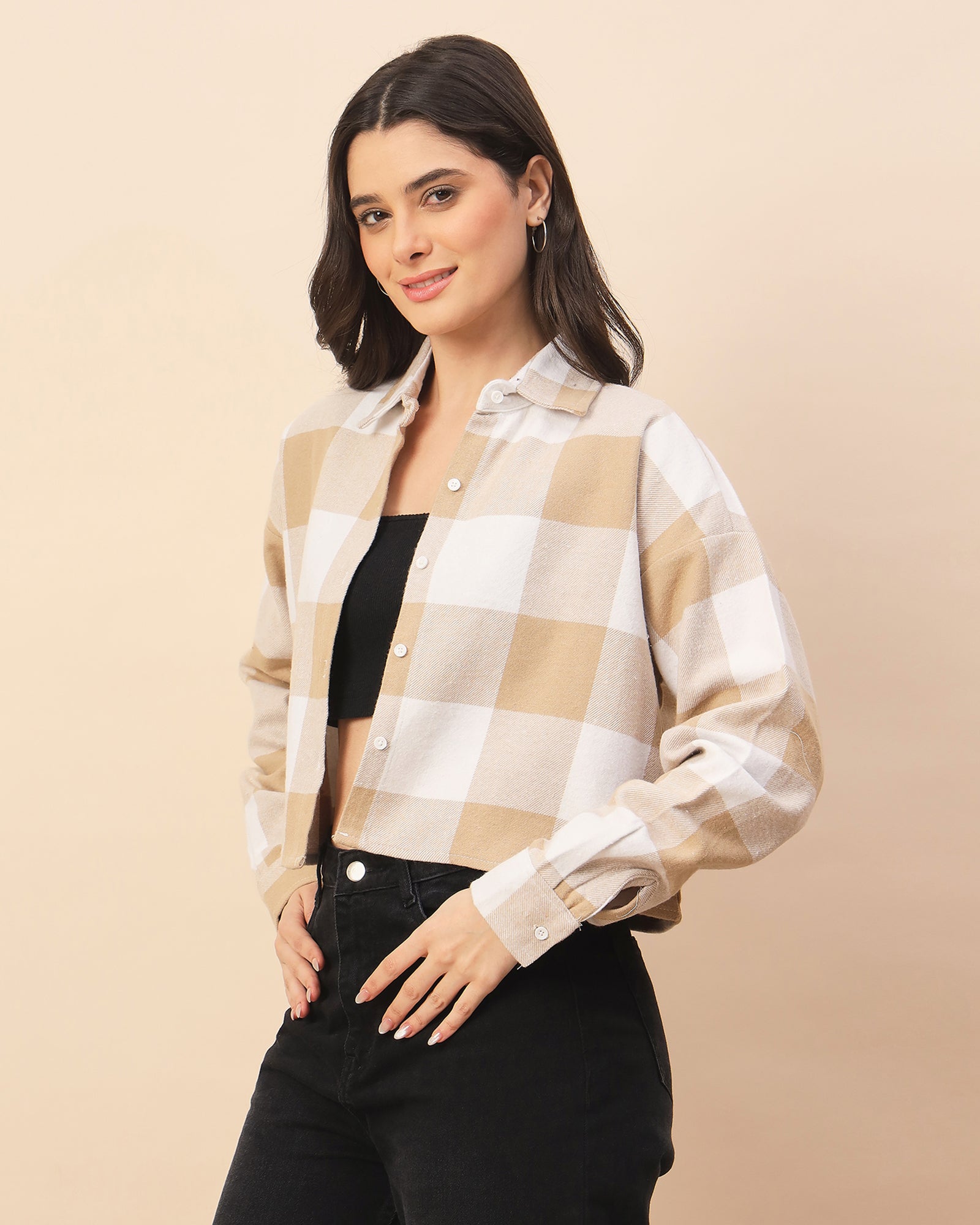 Chimpaaanzee Women Beige & White Oversized Crop Shirt - CHIMPAAANZEE