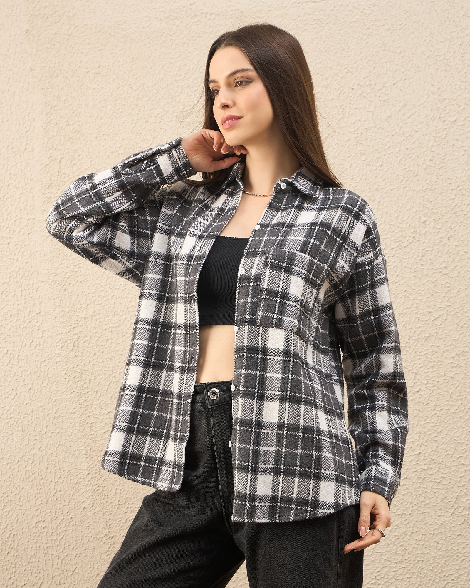 Chimpaaanzee Women Grey & White Oversized Shirt - CHIMPAAANZEE
