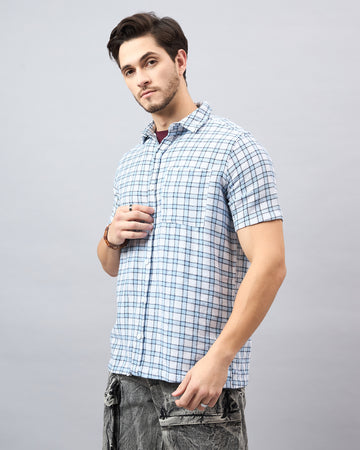 Chimpaaanzee Men White & Blue Regular Fit Shirt