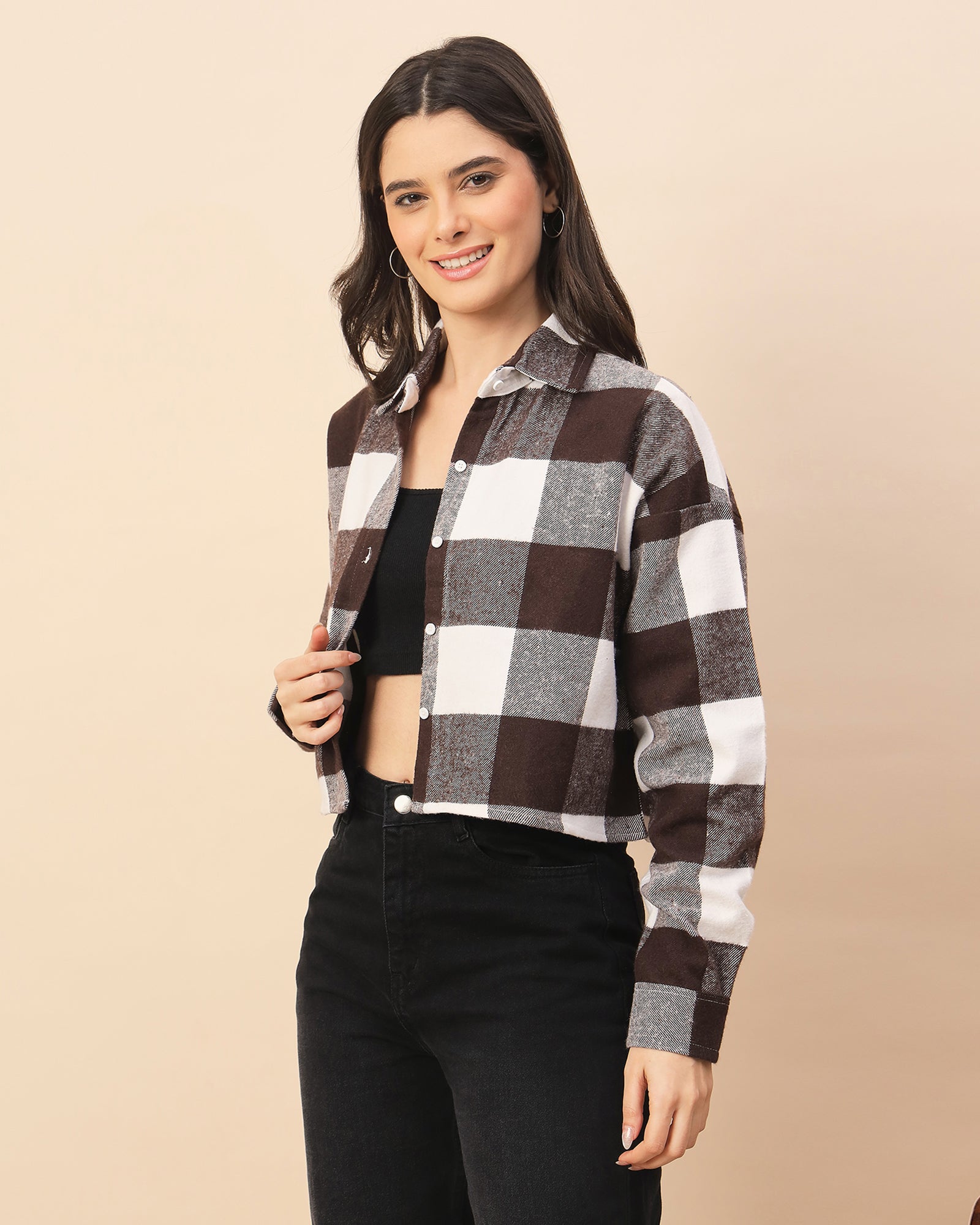 Chimpaaanzee Women Brown & White Oversized Crop Shirt - CHIMPAAANZEE