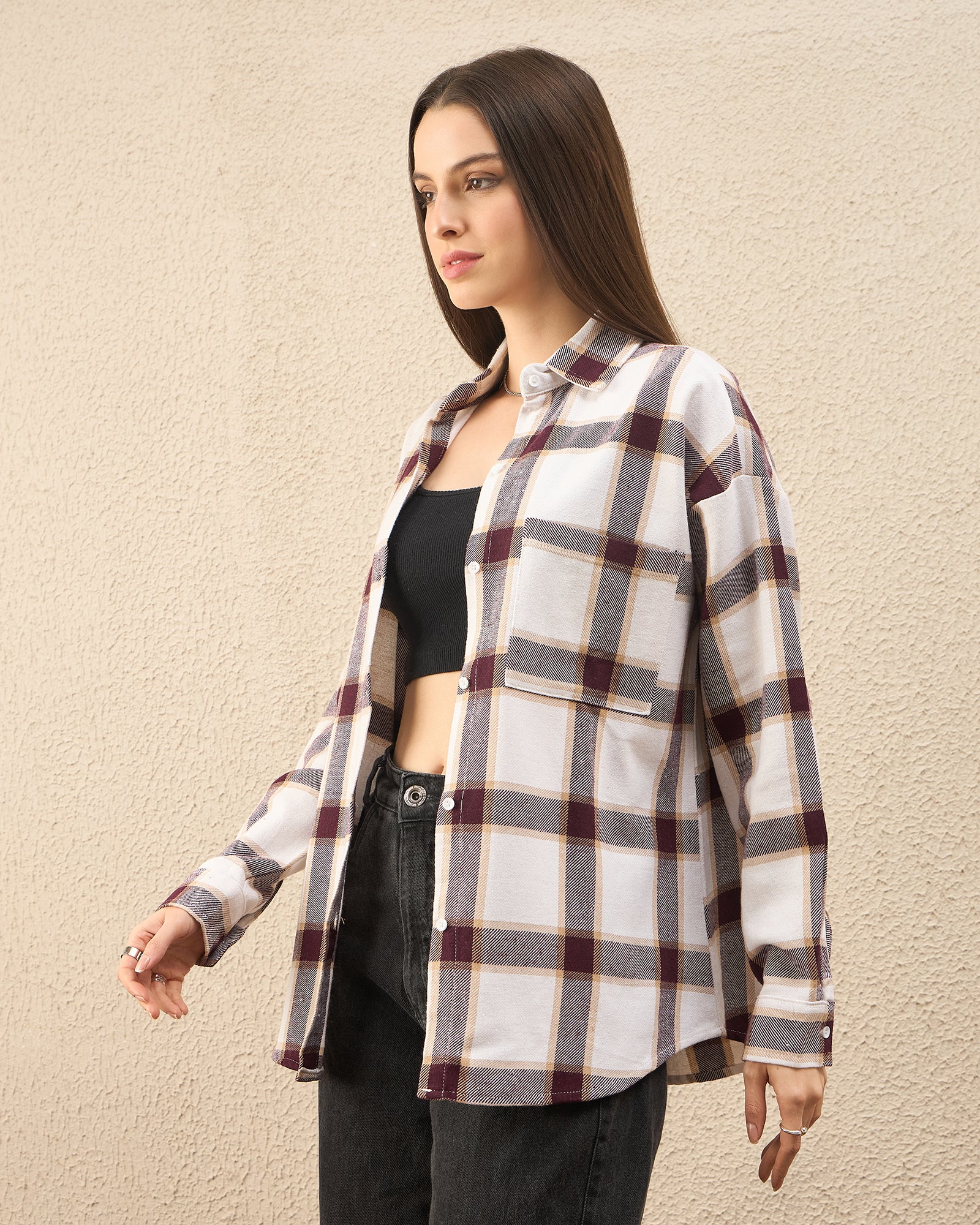 Chimpaaanzee Women White & Maroon Oversized Shirt - CHIMPAAANZEE