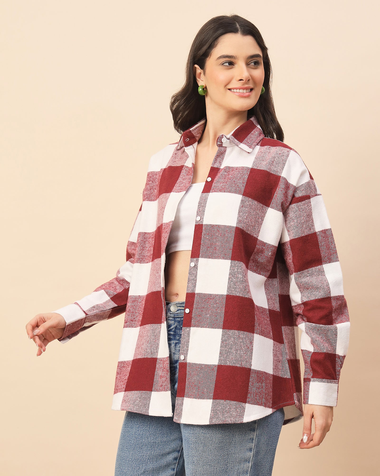 Chimpaaanzee Women Maroon & White Oversized Shirt - CHIMPAAANZEE