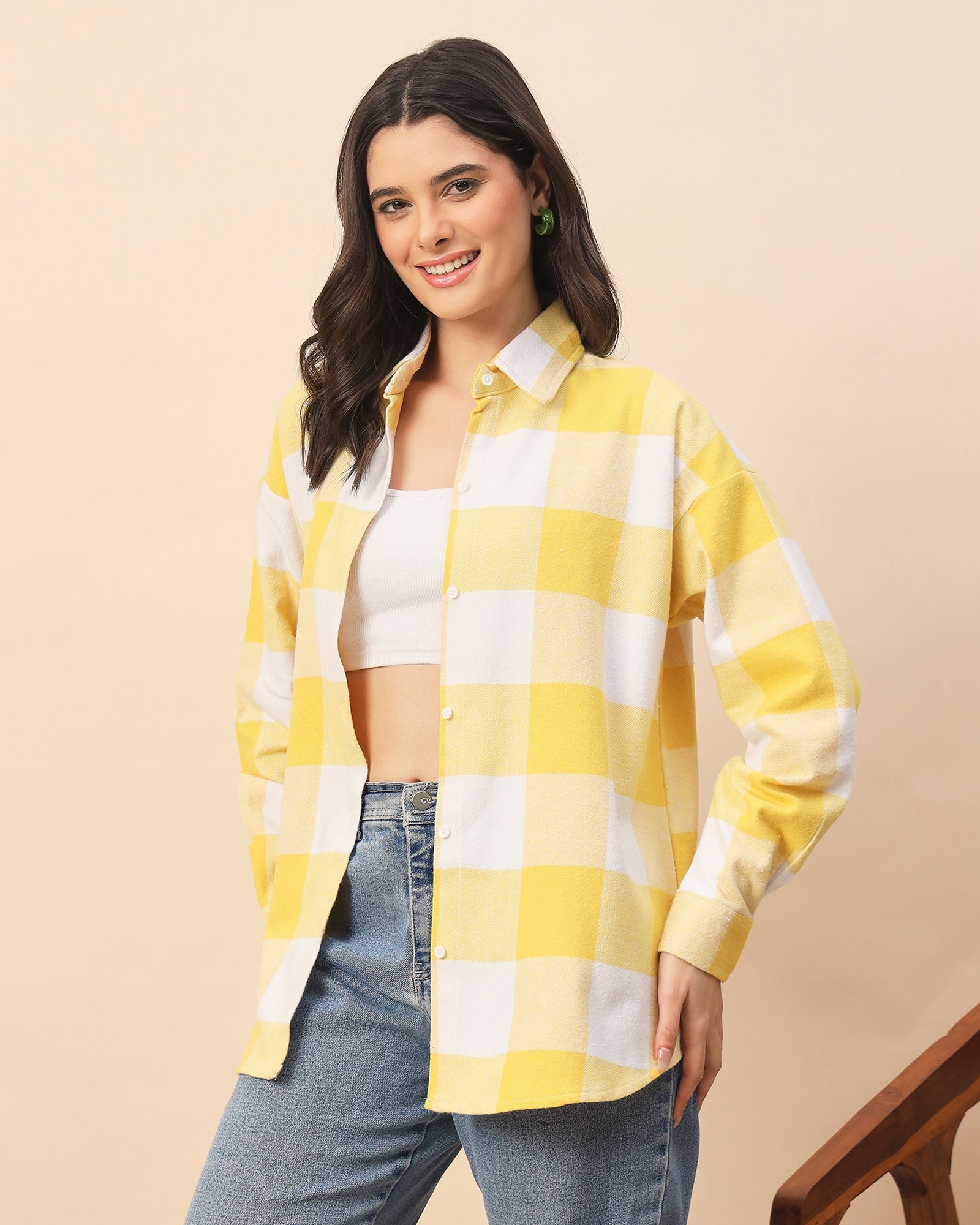 Chimpaaanzee Women Yellow & White Oversized Shirt - CHIMPAAANZEE