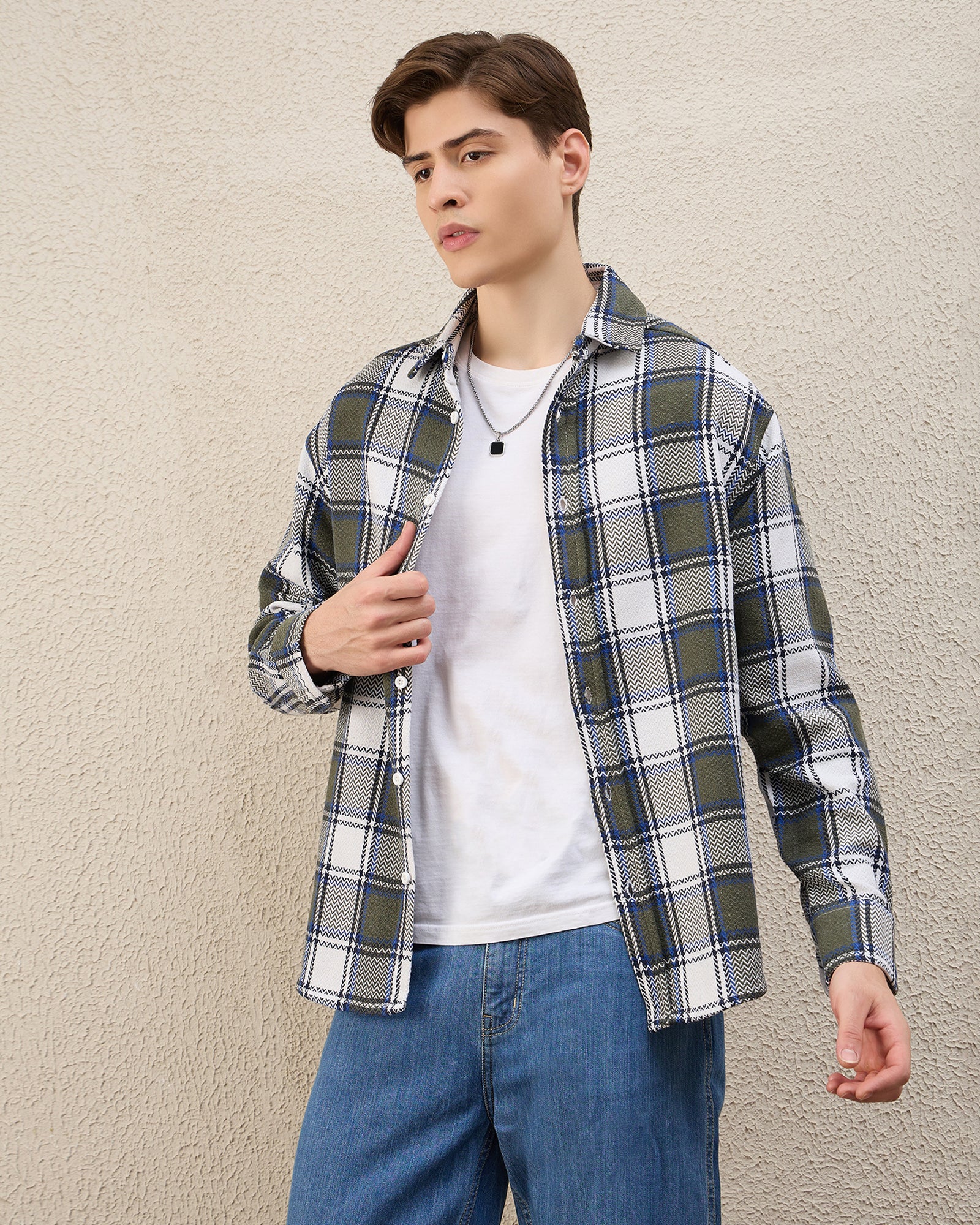 Chimpaaanzee Men Green & White Oversized Fit Shirt - CHIMPAAANZEE