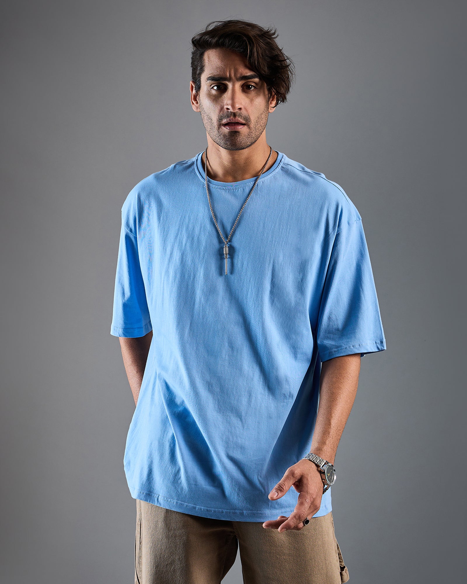 Chimpaaanzee Men Cotton Blue Solid Oversized T-shirt Chimpaaanzee Men Cotton Blue Solid Oversized T-shirt