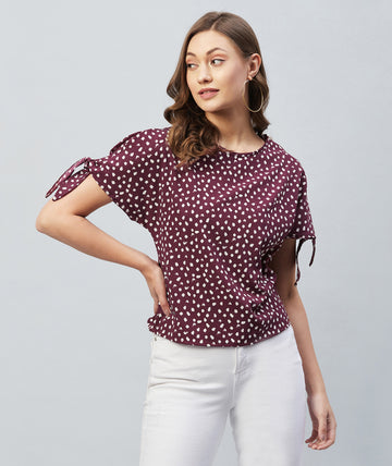 Chimpaaanzee Women Maroon Printed Knotted Sleeve Top