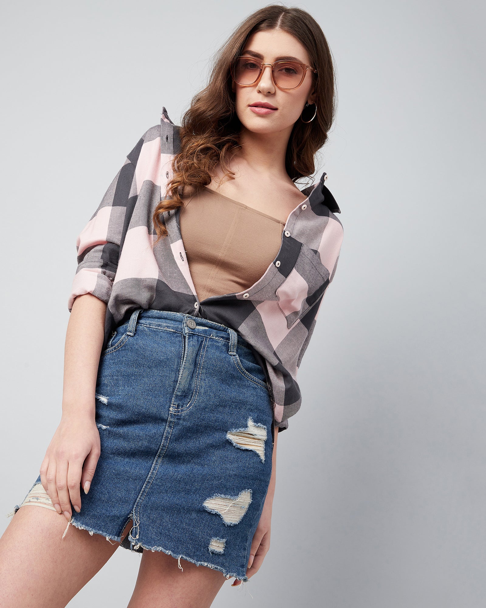 Chimpaaanzee Women Viscose Pink & Grey Checks Loose Shirt