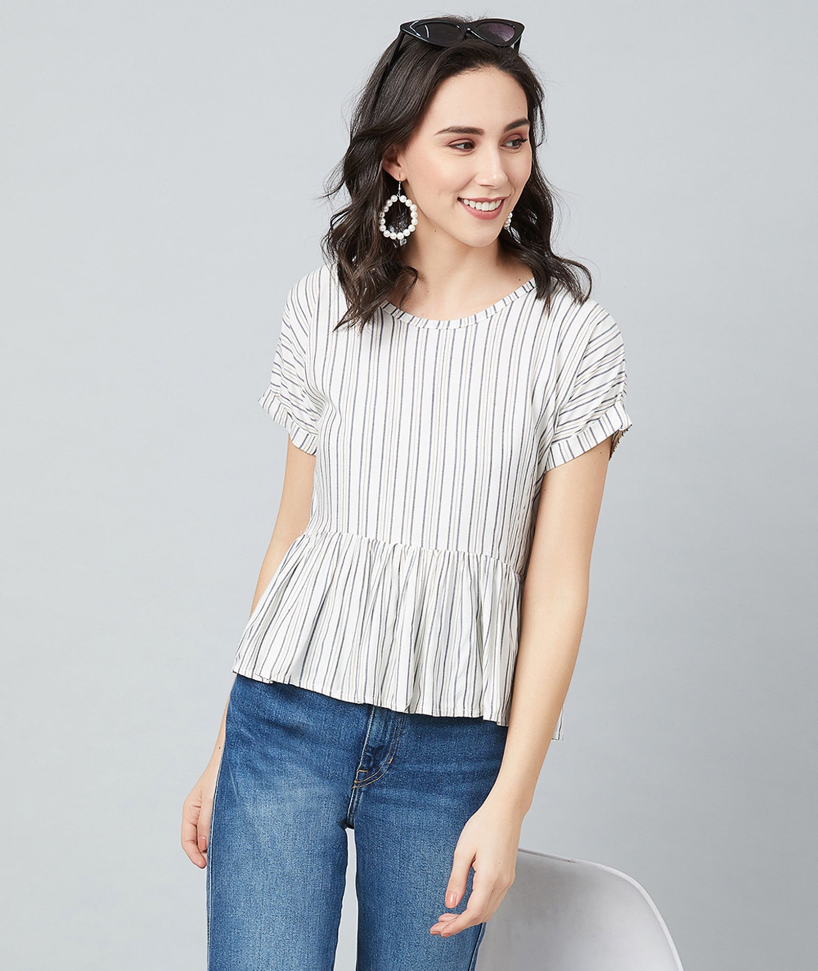Chimpaaanzee Women White and Yellow Stripe Frill Style Top
