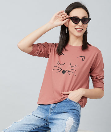 Chimpaaanzee Women Dark Pink Round Neck Full Sleeve T-shirt