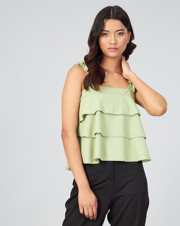 Chimpaaanzee Women Green Soid Ruffled Crop Top