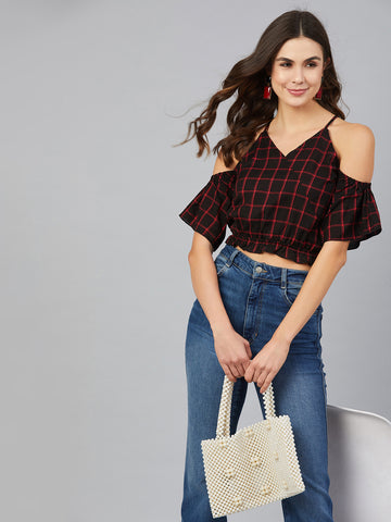 Chimpaaanzee Women Red Checks Cold Shoulder CropTop