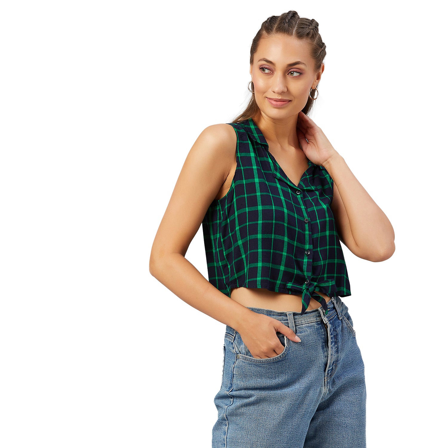 Chimpaaanzee Women Navy and Green Checkered Viscose Knotted Crop Top