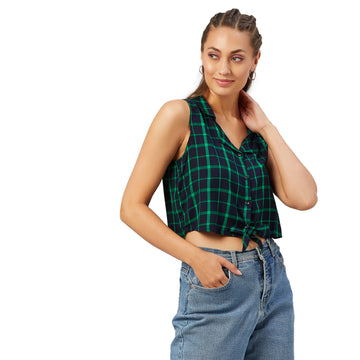 Chimpaaanzee Women Navy and Green Checkered Viscose Knotted Crop Top