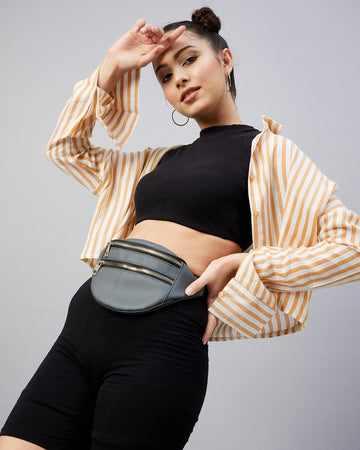 Chimpaaanzee Women Viscose Mustard & White Striped Drop Shoulder Crop Shirt