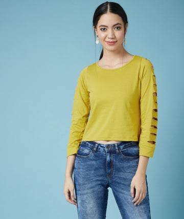 Chimpaaanzee Women Ripped Sleeve Cropped Yellow Tee