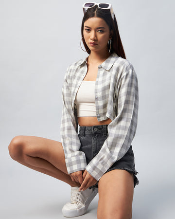 Chimpaaanzee Women Viscose Grey & White Checkered Fully Cropped Shirt