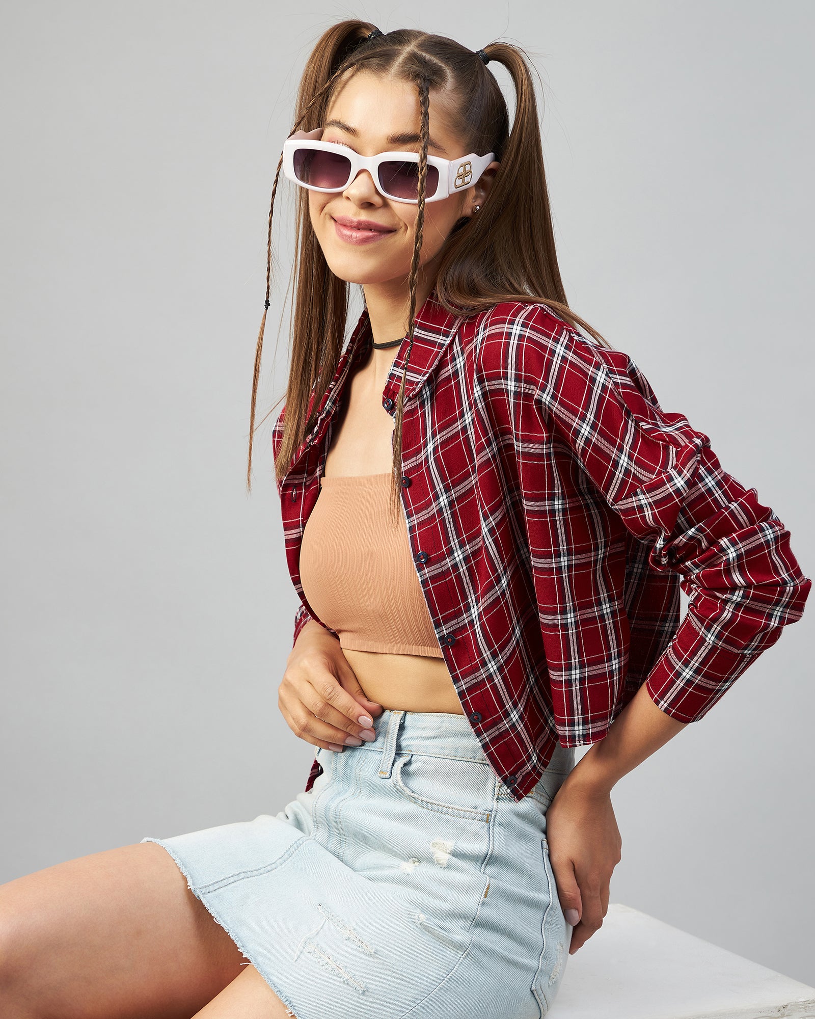 Chimpaaanzee Women Viscose Red & White Checkered Full Sleeve Drop Shoulder Crop Shirt
