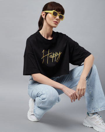 Chimpaaanzee Women Black Typographic Oversized Crop T-shirt