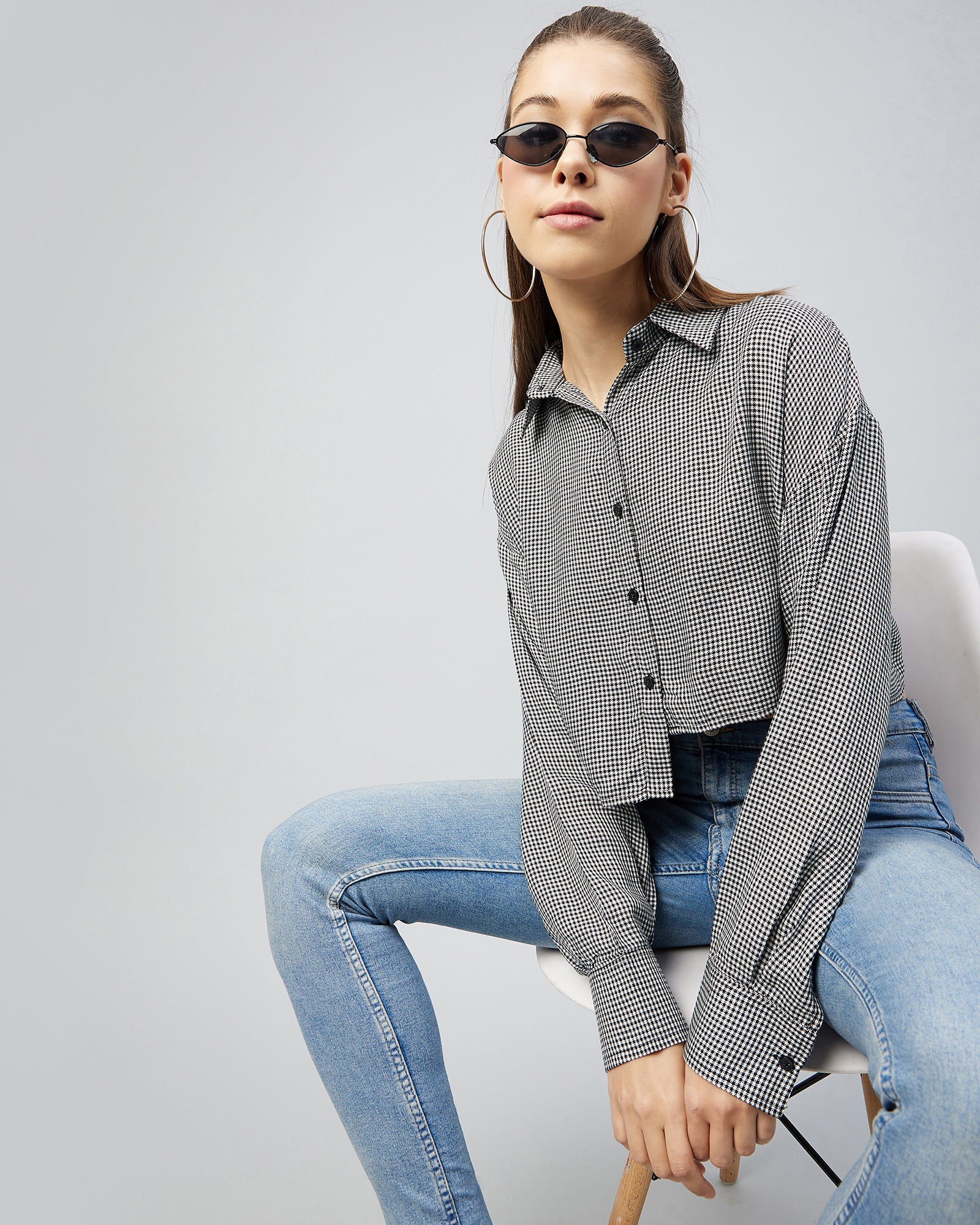 Chimpaaanzee Women Black and White Full Sleeve Up & Down Crop Shirt