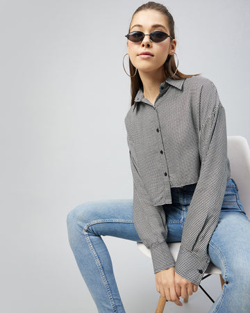 Chimpaaanzee Women Black and White Full Sleeve Up & Down Crop Shirt