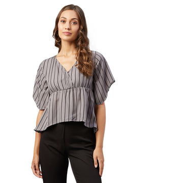 Chimpaaanzee Women Grey Striped Crepe Asymmetrical Top