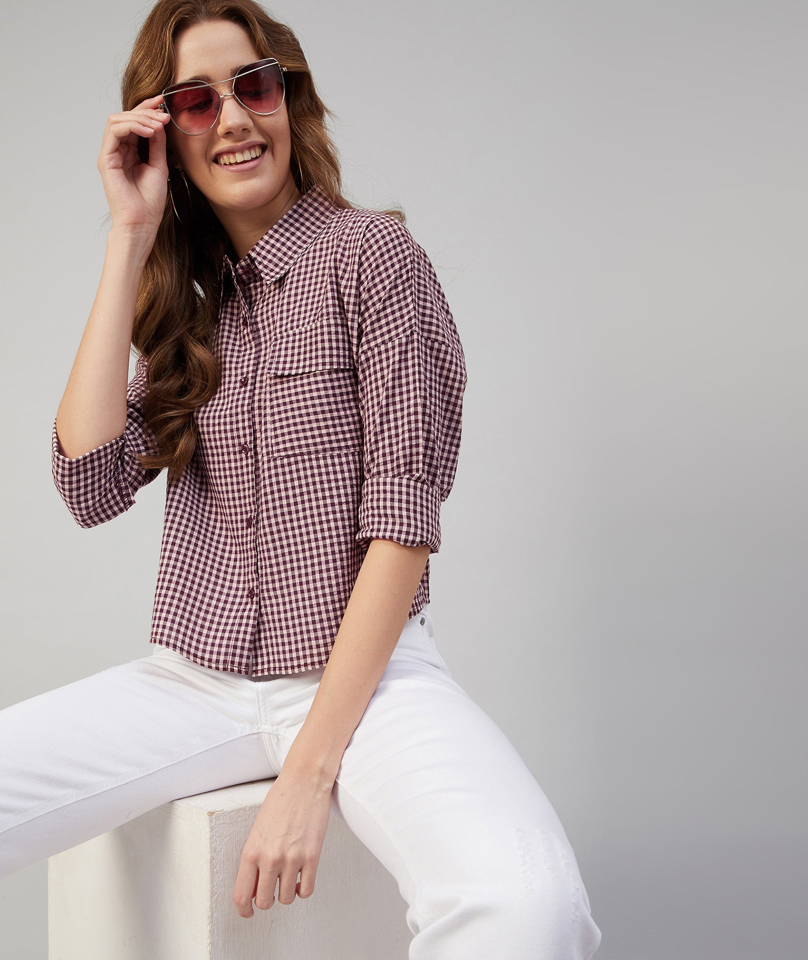 Chimpaaanzee Women Viscose Purple and Beige Checkered Loose Fit Shirt