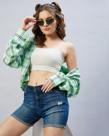 Chimpaaanzee Women Viscose Green & Navy Checkered Full Sleeve Up Down Crop Shirt