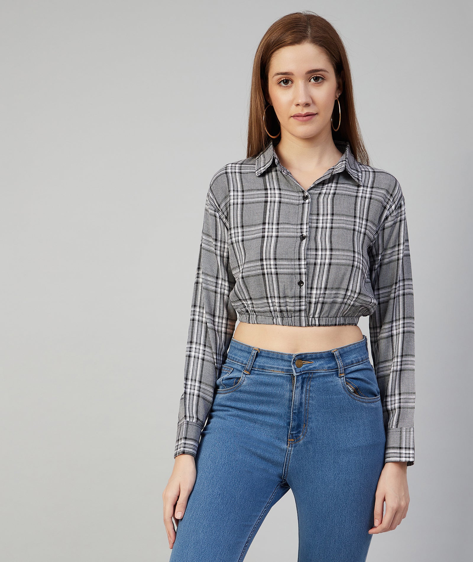 Chimpaaanzee Women Viscose Black and White Checkered Crop Shirt