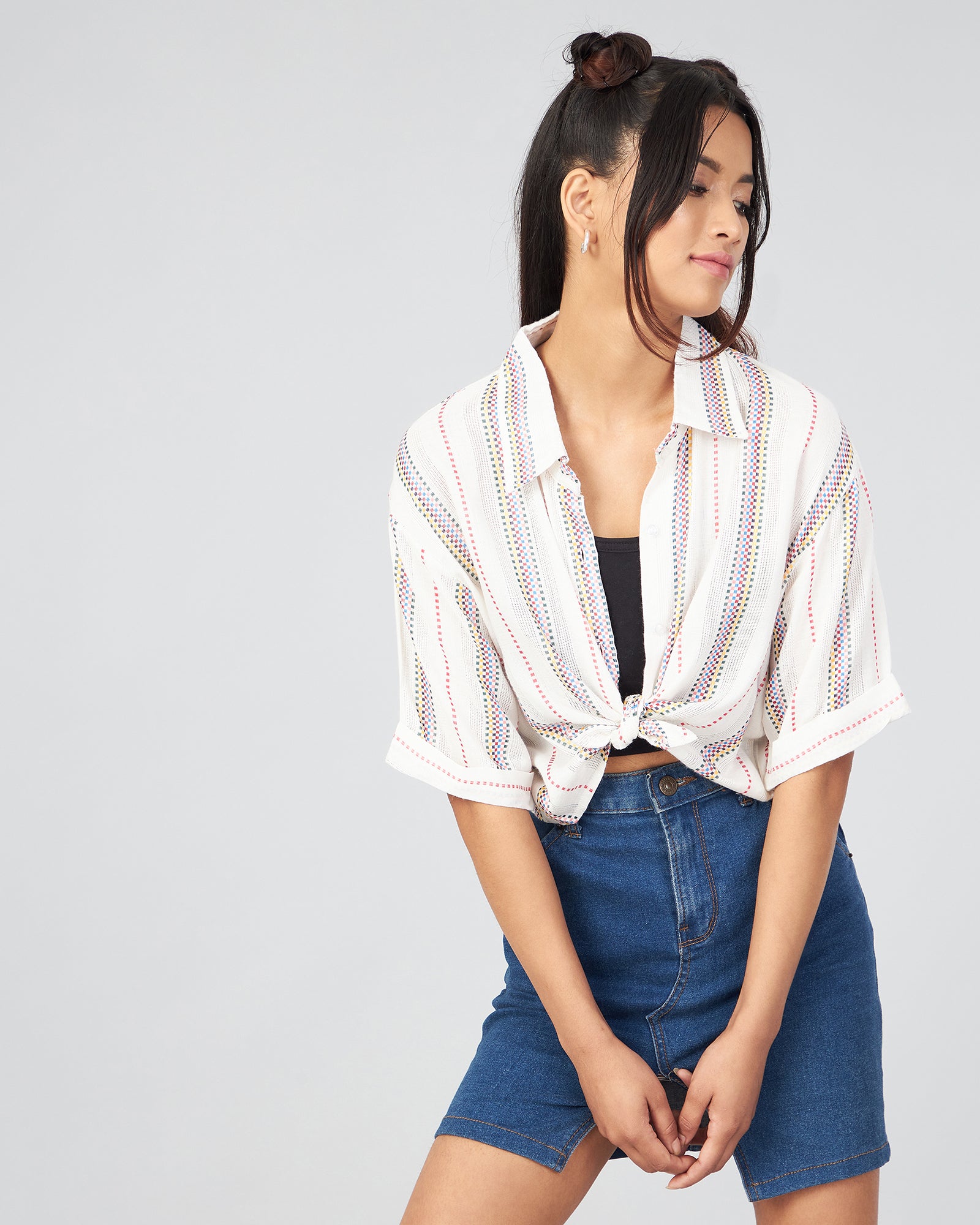 Chimpaaanzee Women Viscose Blue & White Striped Loose Fit Crop Shirt