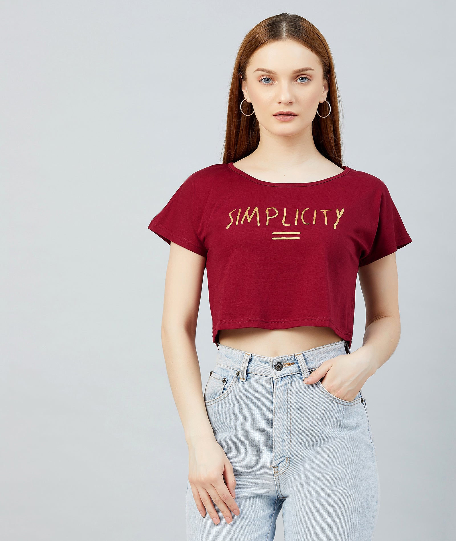 Chimpaaanzee Women Maroon Round Neck Crop T-shirt