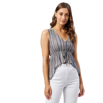 Chimpaaanzee Women Dark Grey Striped Viscose Asymmetrical Top