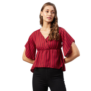 Chimpaaanzee Women Red Striped Crepe Asymmetrical Top