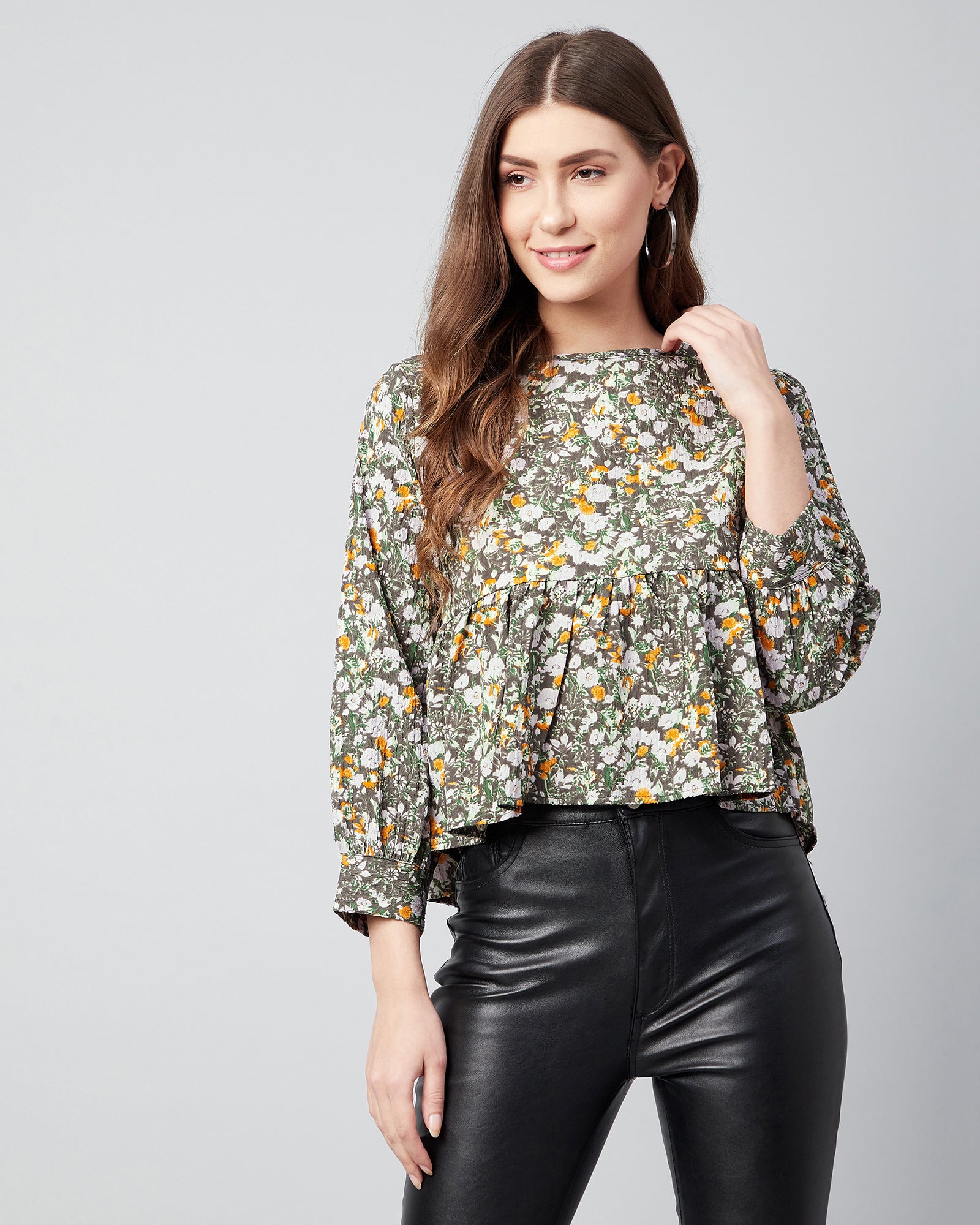 Chimpaaanzee Women Crepe Grey Flower Printed Full Sleeve Ruffled Top