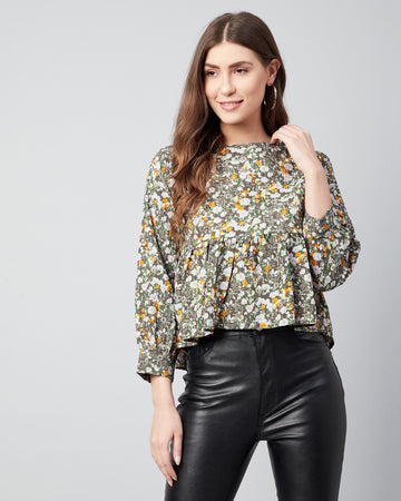 Chimpaaanzee Women Crepe Grey Flower Printed Full Sleeve Ruffled Top