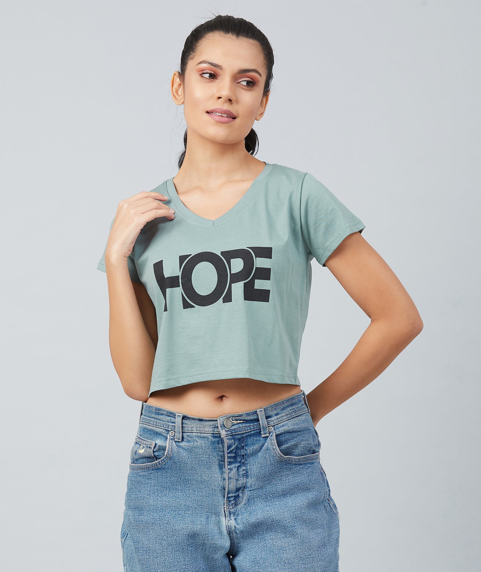 Chimpaaanzee Women Dusty Green V-Neck Crop T-shirt