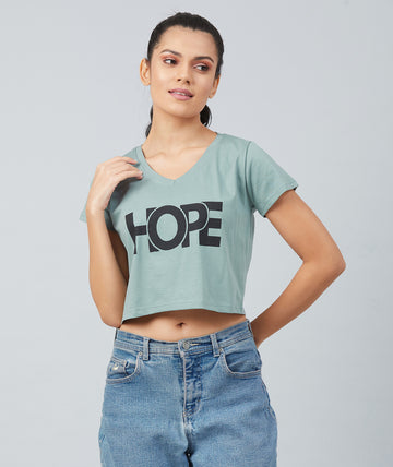 Chimpaaanzee Women Dusty Green V-Neck Crop T-shirt