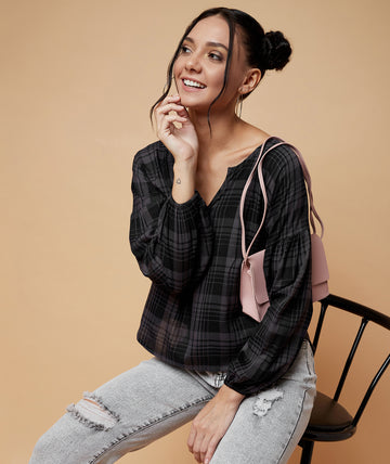 Chimpaaanzee Women Checkered Rangalan Sleeve Top Grey