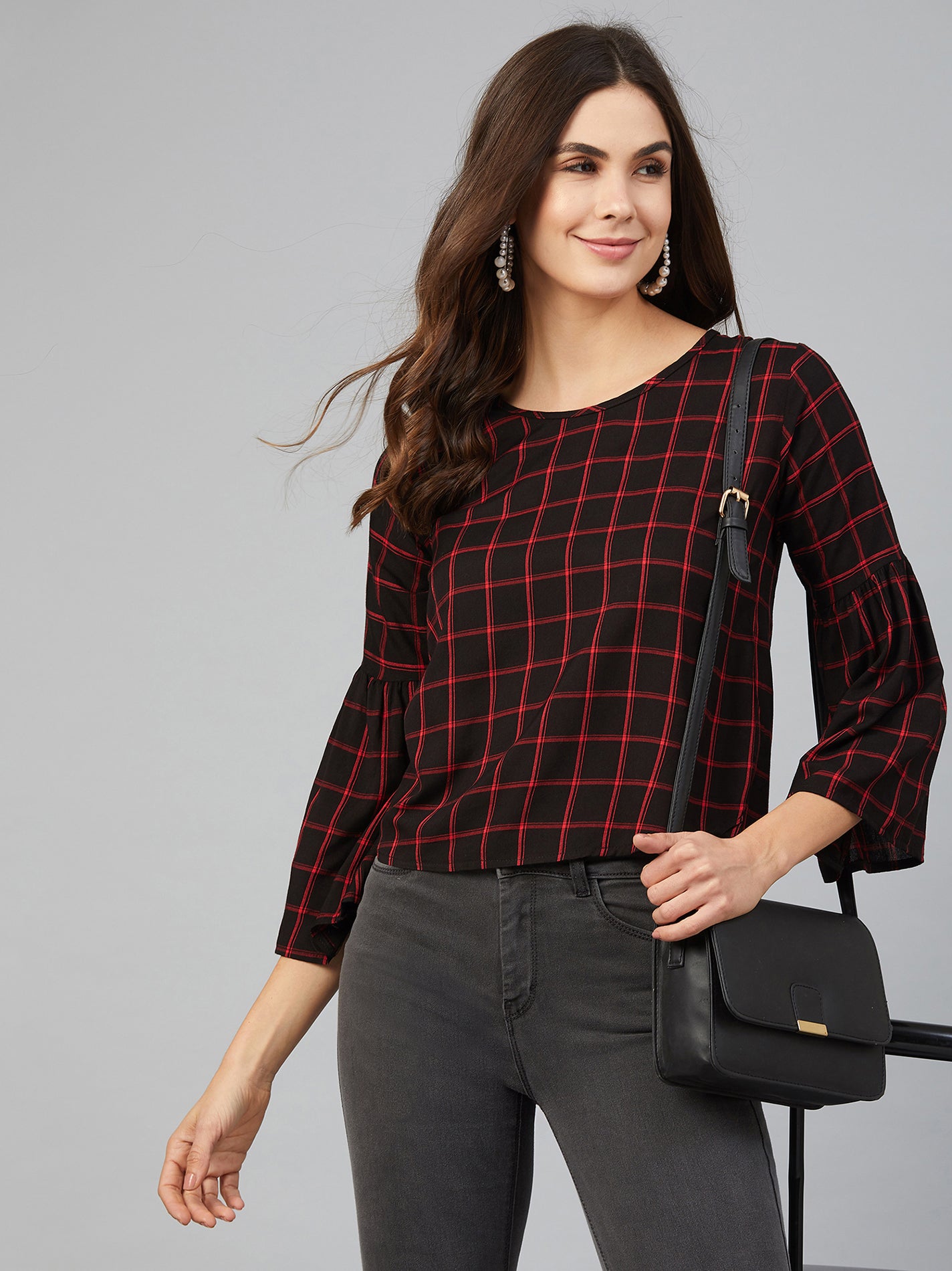 Chimpaaanzee Women Red and Black Checks Cold Shoulder Top